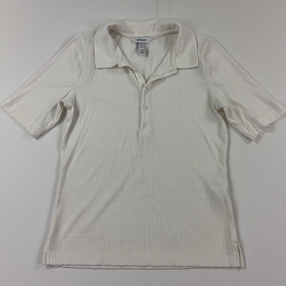 SPANX Rib Polo Top Women's Medium Ivory Short Sleeve Stretch Knit 20991R